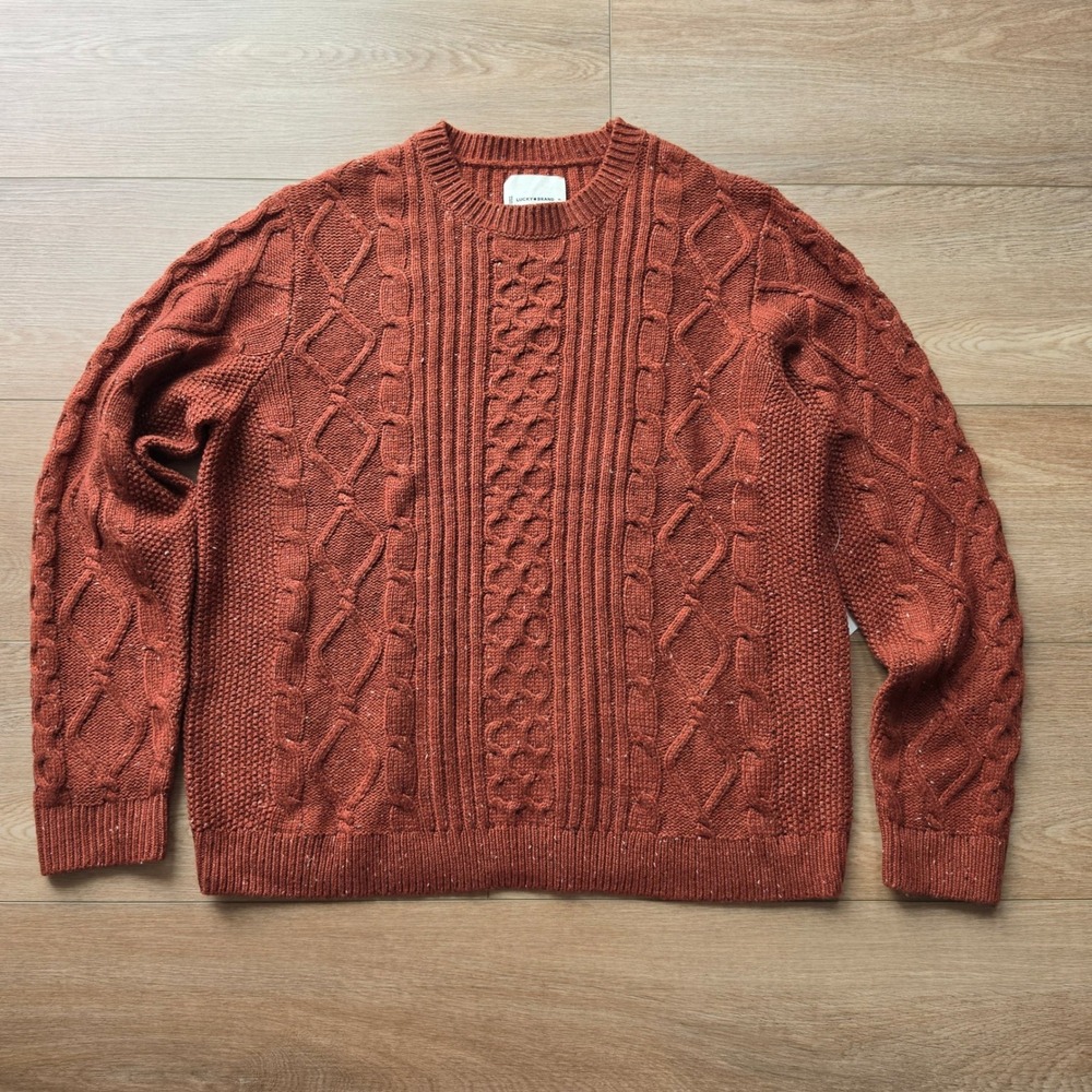 Lucky Brand Mens XL Burnt Orange Cable Knit Speckled Crewneck Sweater